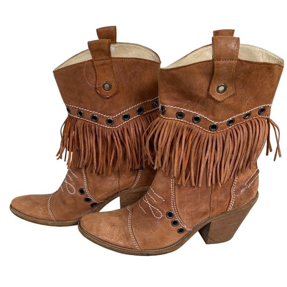 Vintage Shoes - Vintage Western Hobo Camel Fringe Suede Boots Chestnut Women Size 9 ITALY